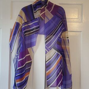 ANNE KLEIN SILK GEOMETRIC GRAPHIC SCARF WRAP PURPLE BLACK WHITE TAN ORANGE